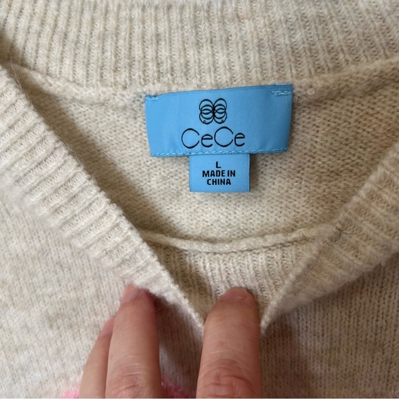 NWOT CeCe Cream and Pink Crew Neck Sweater with Vintage Heart Design - Picture 8 of 14